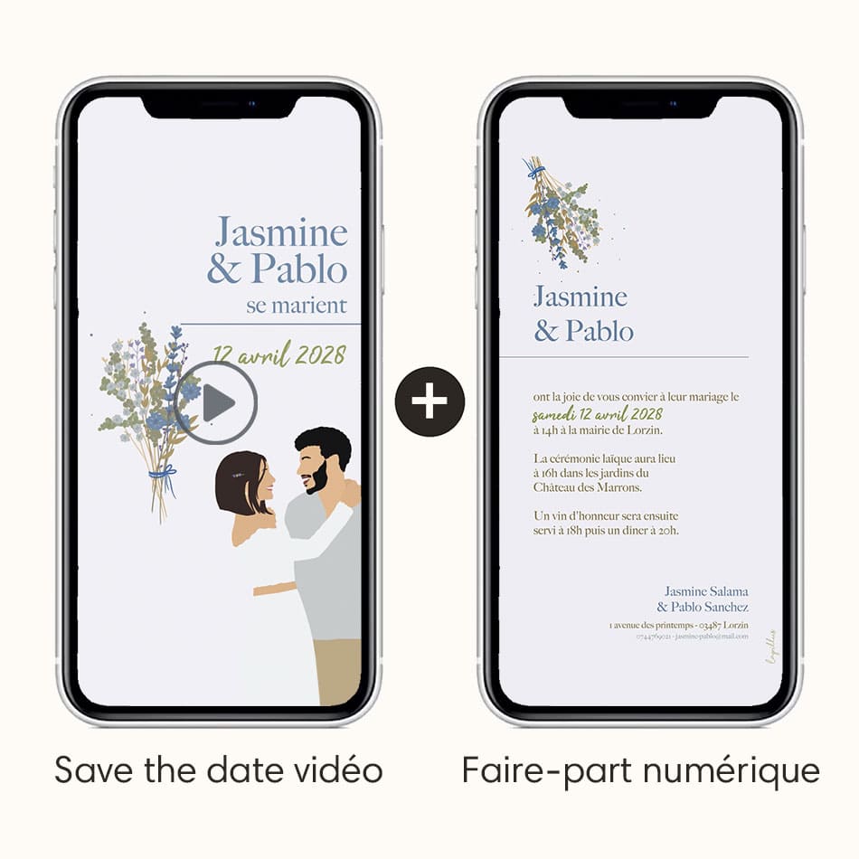 Save the date vidéo animée et son faire-part numérique en image en plus. Thème bouquet floral couleur bleu vert avec illustration de votre couple