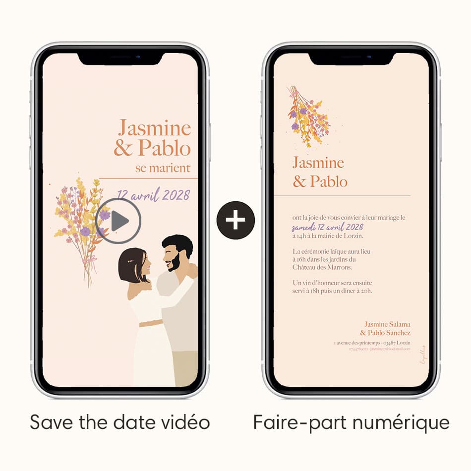 Option avec faire-part numérique en plus de la vidéo save the date si vous voulez plus de détails, thème bouquet coloris orange violet avec illustration de votre couple