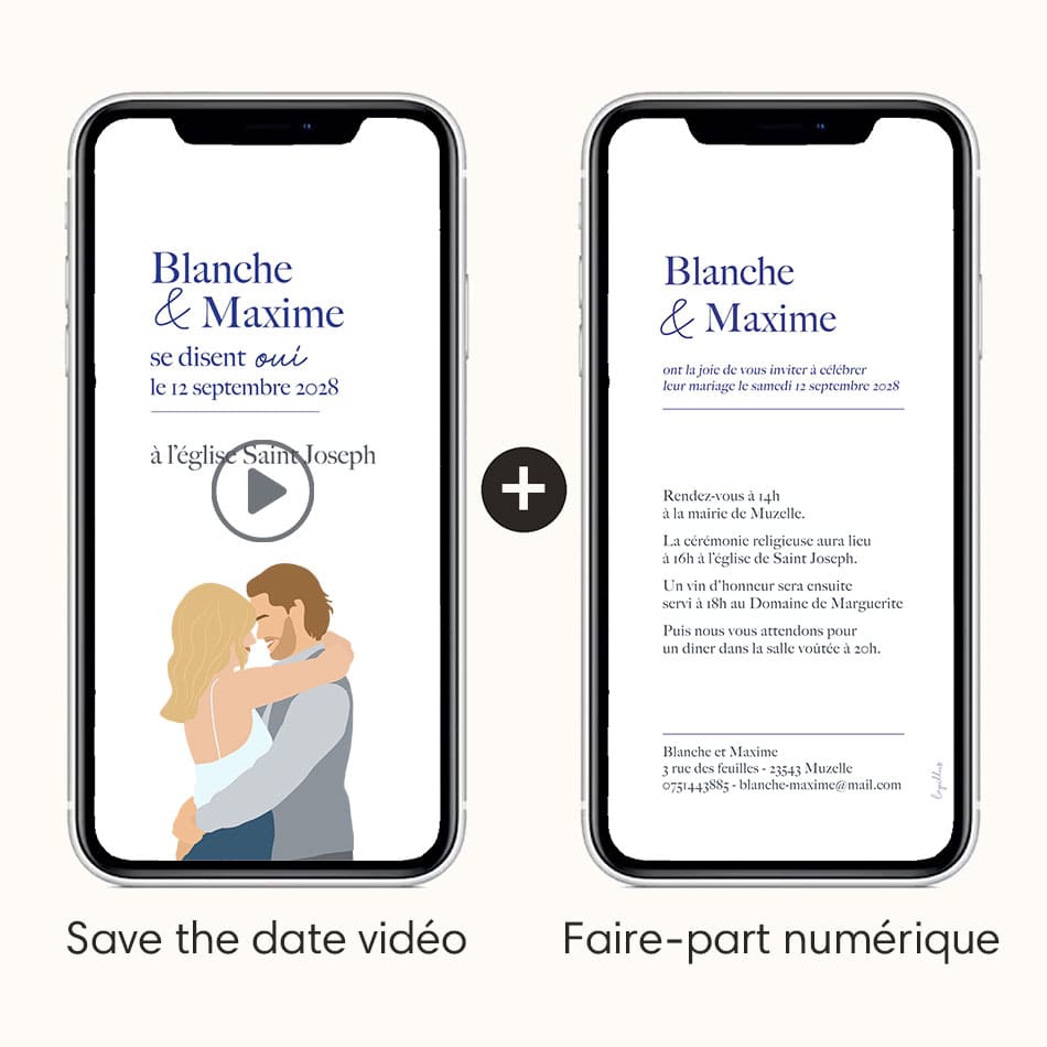 Vidéo save the date thème "Classique" avec l'option faire-part numérique pour plus de détails. Le tout avec illustration de votre couple