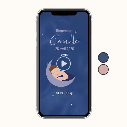 Visuel du faire-part numérique format vidéo pour annoncer la naissance de votre enfant sur le thème Céleste couleur bleu avec illustration de votre bébé