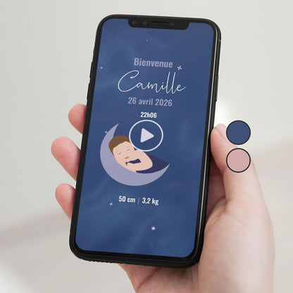 Aperçu du faire-part digital format vidéo pour annoncer la naissance de votre enfant sur le thème Céleste couleur bleu avec illustration de votre bébé