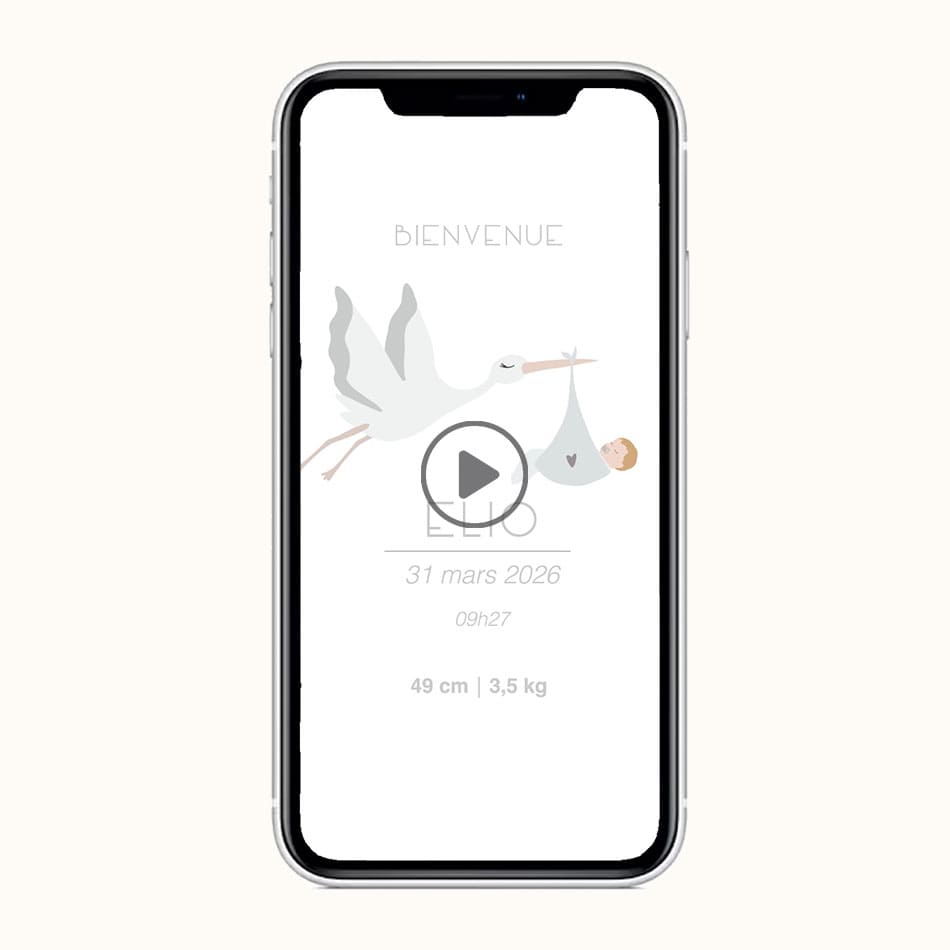 Aperçu du faire-part vidéo La cigogne avec l'illustration de votre bébé dans le baluchon