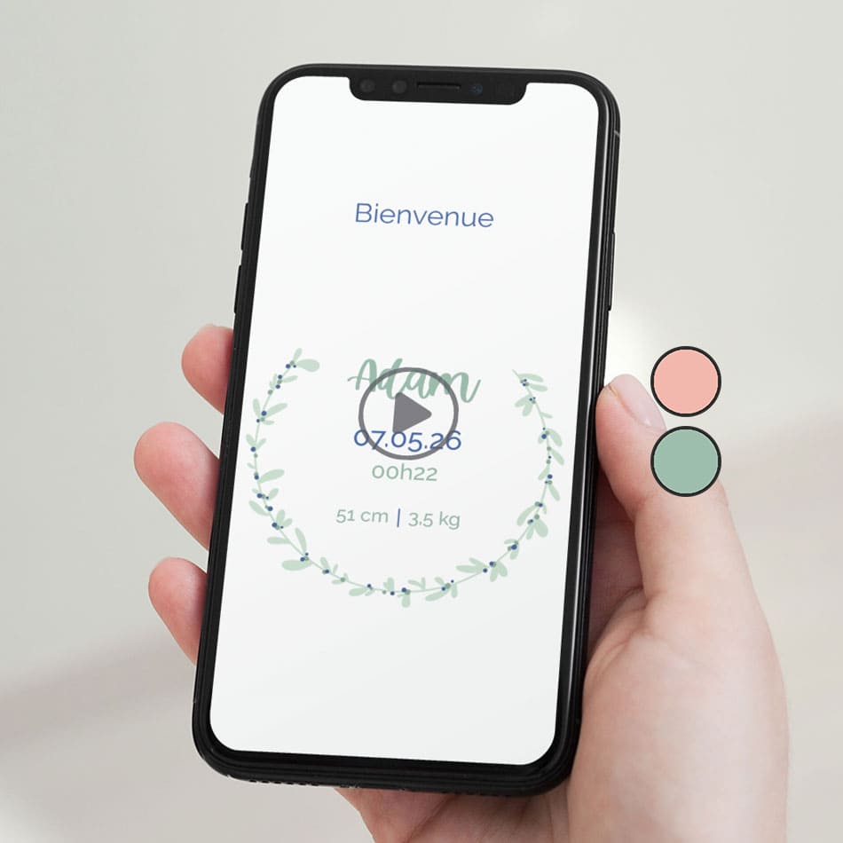 Faire-part naissance numérique animé thème ronde florale couleur verte