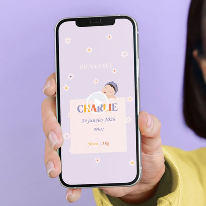 Visuel faire-part naissance numérique sur le thème Daisy pour annoncer l'arrivée de votre enfant avec son illustration