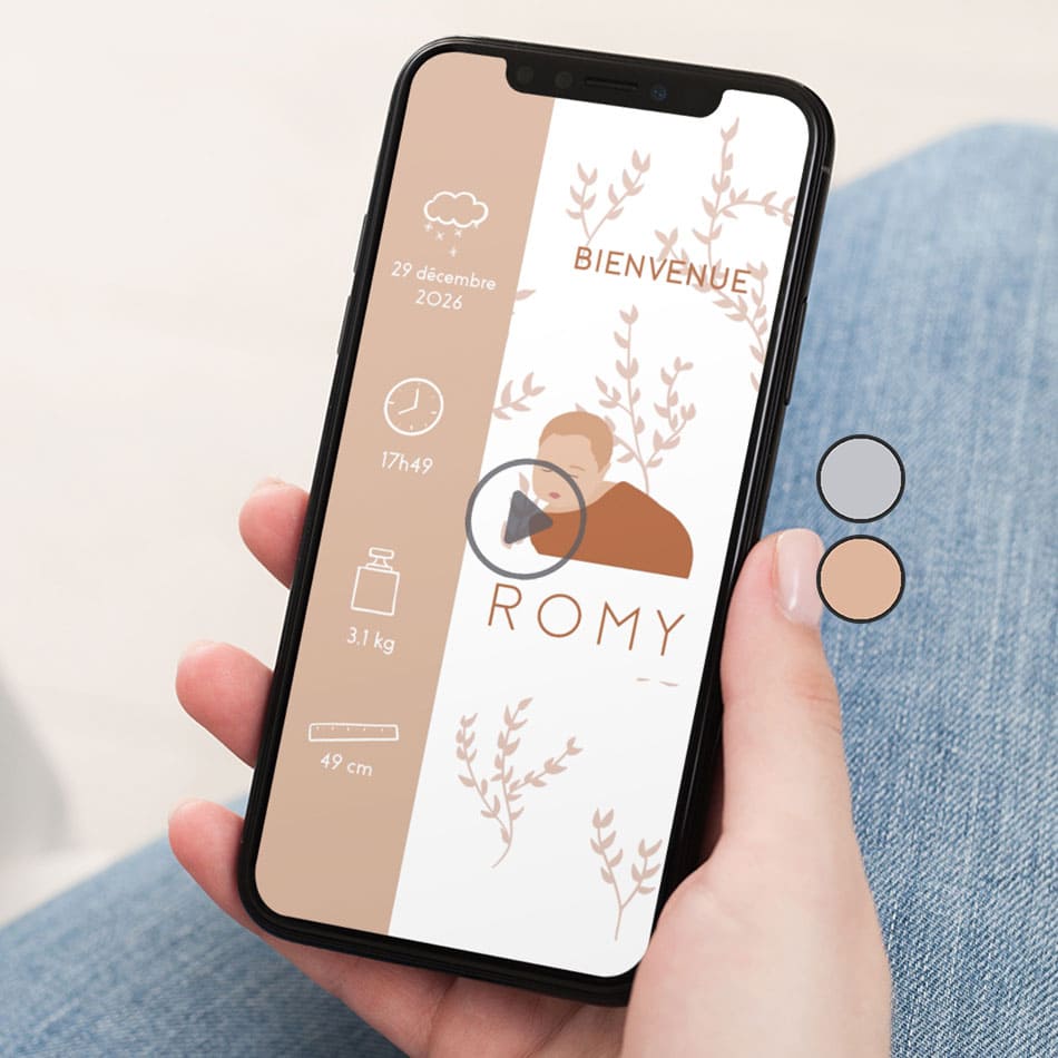 Aperçu du faire-part numérique format vidéo pour annoncer l'arrivée de votre enfant, thème petits détails couleur terracotta avec illustration de votre bébé