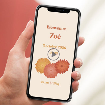 Aperçu du faire-part numérique animé pour la naissance de votre bébé, fleurs d'automne