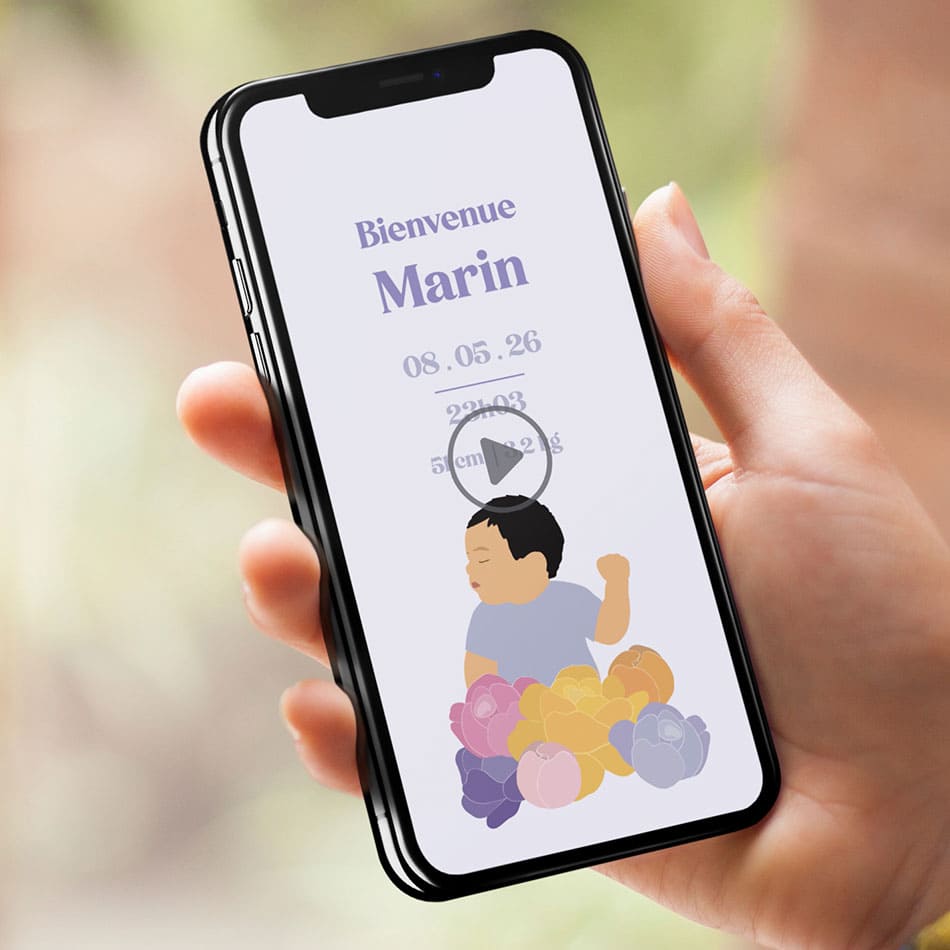 Aperçu du faire-part virtuel de naissance pour annoncer l'arrivée de votre bébé saison printemps avec illustration de votre nouveau-né