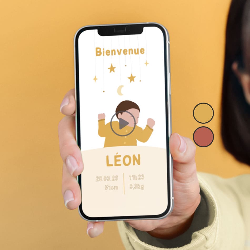 Visuel du faire-part de naissance virtuel "Mobile musical" pour annoncer la bonne nouvelle, couleur jaune avec illustration de votre bébé