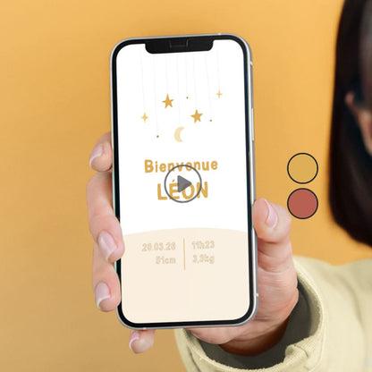 Faire-part de naissance au format vidéo pour une approche moderne et écologique, thème mobile musical couleur jaune