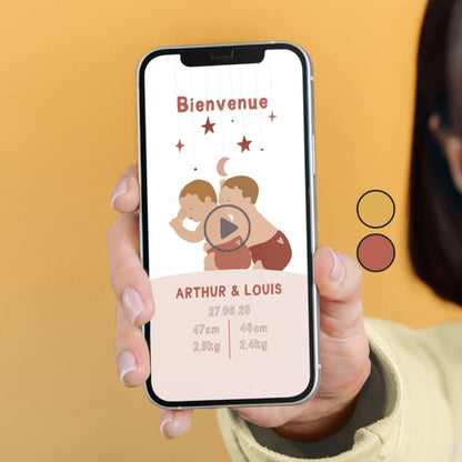 Faire-part digital au format vidéo pour annoncer la naissance de votre bébé, thème mobile musical couleur terracotta avec illustration de votre bébé