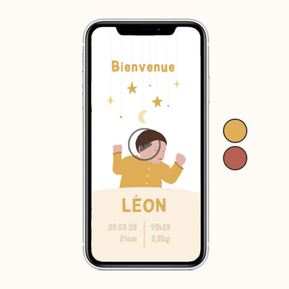 Aperçu du faire-part digital de naissance pour partager la grande nouvelle à vos proches, thème "mobile musical" couleur jaune avec illustration de votre nouveau-né