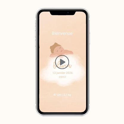 Aperçu de la vidéo du faire-part de naissance. Thème sur mon nuage avec illustration de votre nourisson