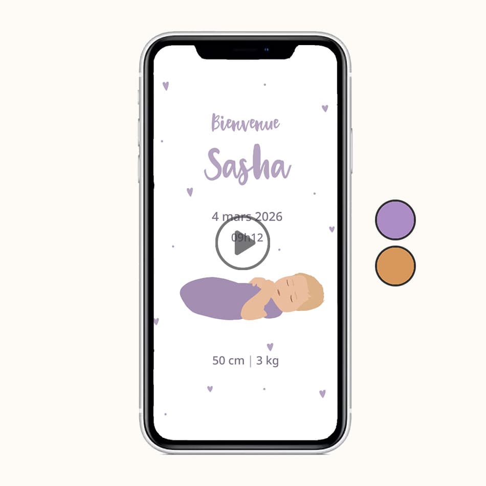 Faire-part naissance vidéo pour annoncer la naissance de votre bébé. Gamme "petits coeurs" couleur lilas avec illustration de votre bébé pour plus de personnalisation