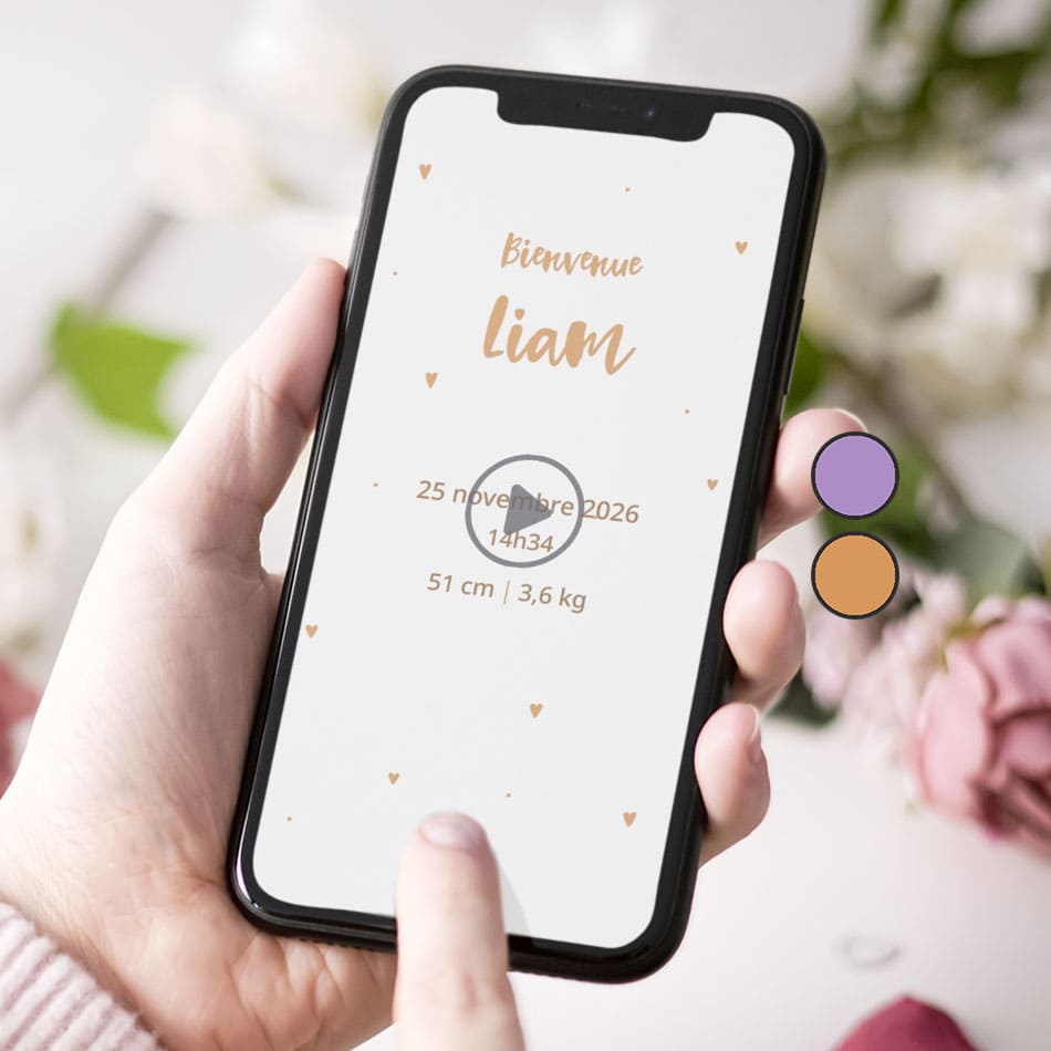 faire-part naissance animé pour éviter l'impression et pour l'envoyer rapidement, thème petits coeurs couleur ocre