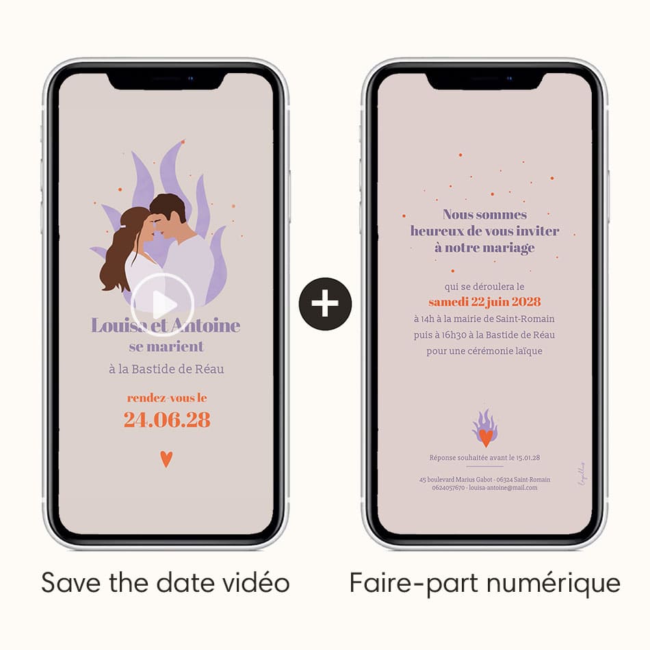 vidéo save the date avec l'option faire-part numérique à envoyer en même temps ou ultérieurement pour plus d'infos avec option illustration de votre couple