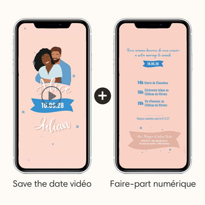 Save the date vidéo "Good vibes" pour de bonnes ondes à votre mariage avec illustration de votre couple + le faire-part numérique de la même gamme pour plus de détails pour le jour j