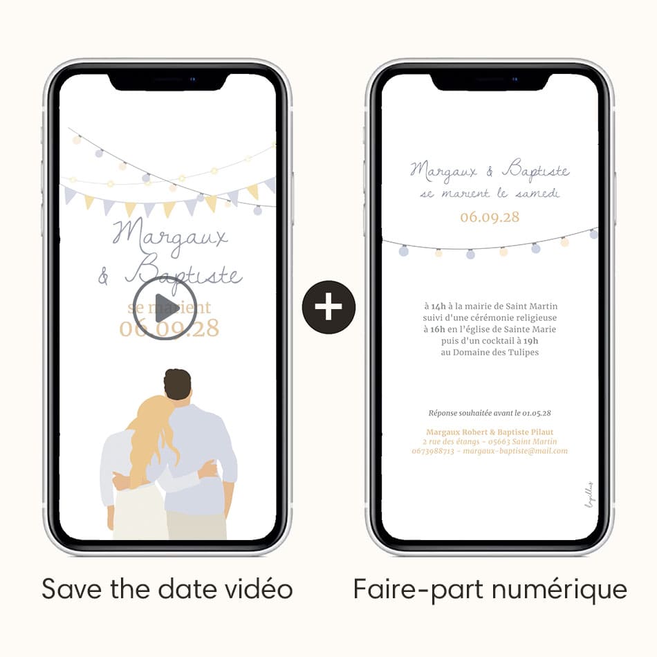 visuel du save the date vidéo et du faire-part numérique pour plus d'infos à communiquer, avec l'option illustration de votre couple