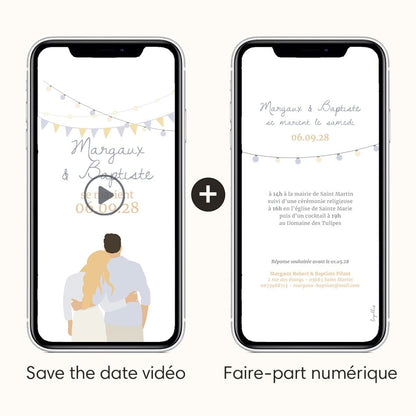 visuel du save the date vidéo et du faire-part numérique pour plus d'infos à communiquer, avec l'option illustration de votre couple