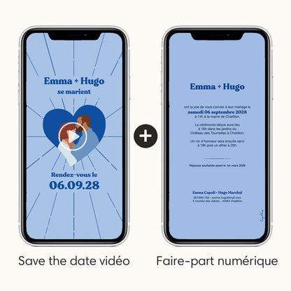 save the date vidéo avec l'option faire-part numérique thème coeur bleu avec illustration du couple