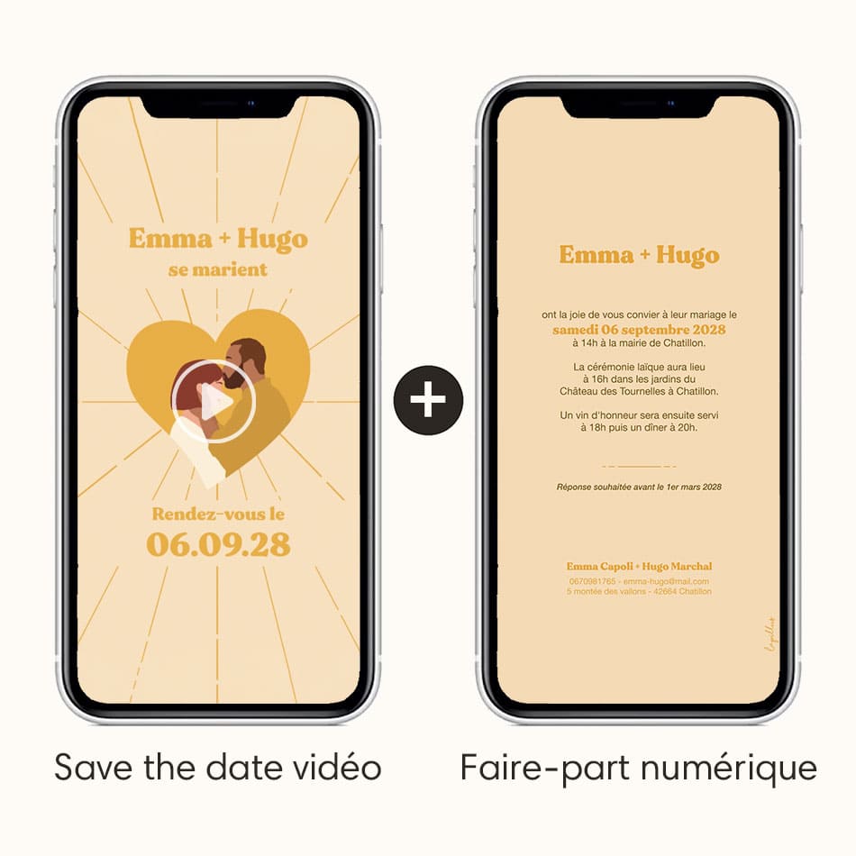 save the date vidéo avec l'option faire-part numérique thème coeur jaune avec illustration du couple