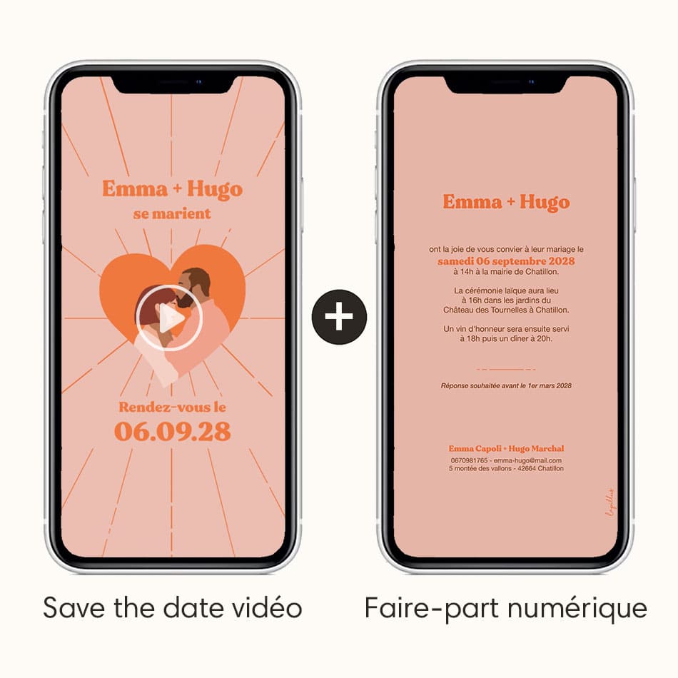 save the date vidéo avec l'option faire-part numérique thème coeur orange avec illustration du couple