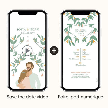 save the date vidéo et faire-part numérique pour plus de détails avec illustration de votre couple