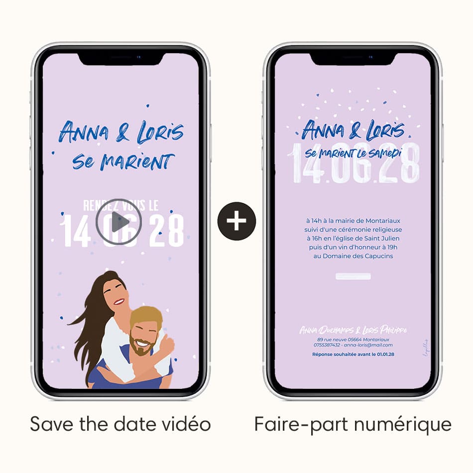 Vidéo save the date accompagné du faire-part numérique, avec illustration de votre couple, thème let's parti coloris bleu