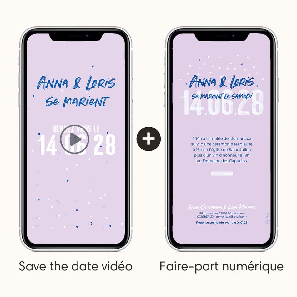 Vidéo save the date avec faire-part numérique couleur bleu violet, thème cocnfettis