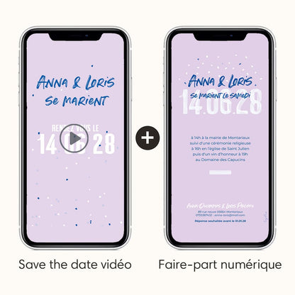 Vidéo save the date avec faire-part numérique couleur bleu violet, thème cocnfettis