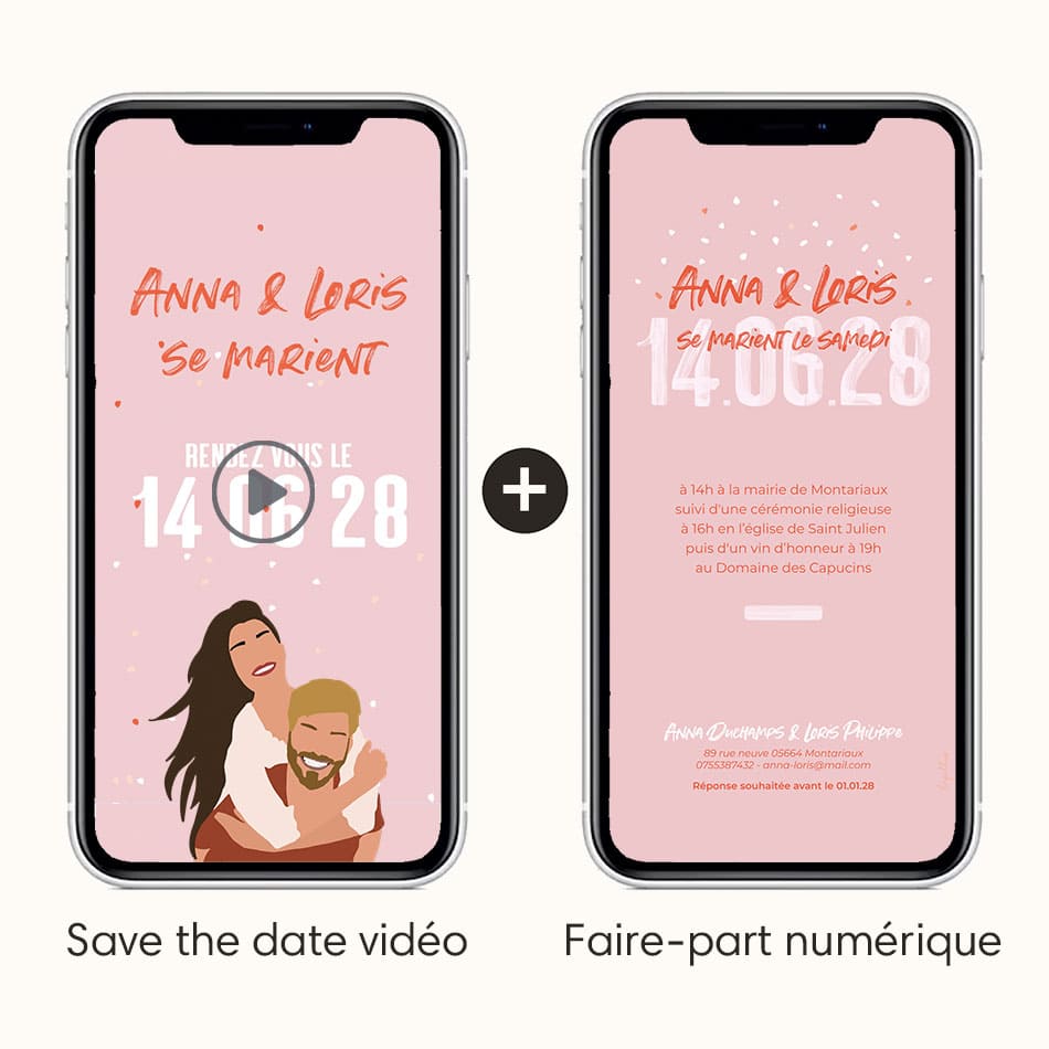 Save the date animé vidéo avec option faire-part numérique dans le même thème Let's party, rouge avec illustration de votre couple