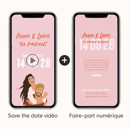 Save the date animé vidéo avec option faire-part numérique dans le même thème Let's party, rouge avec illustration de votre couple