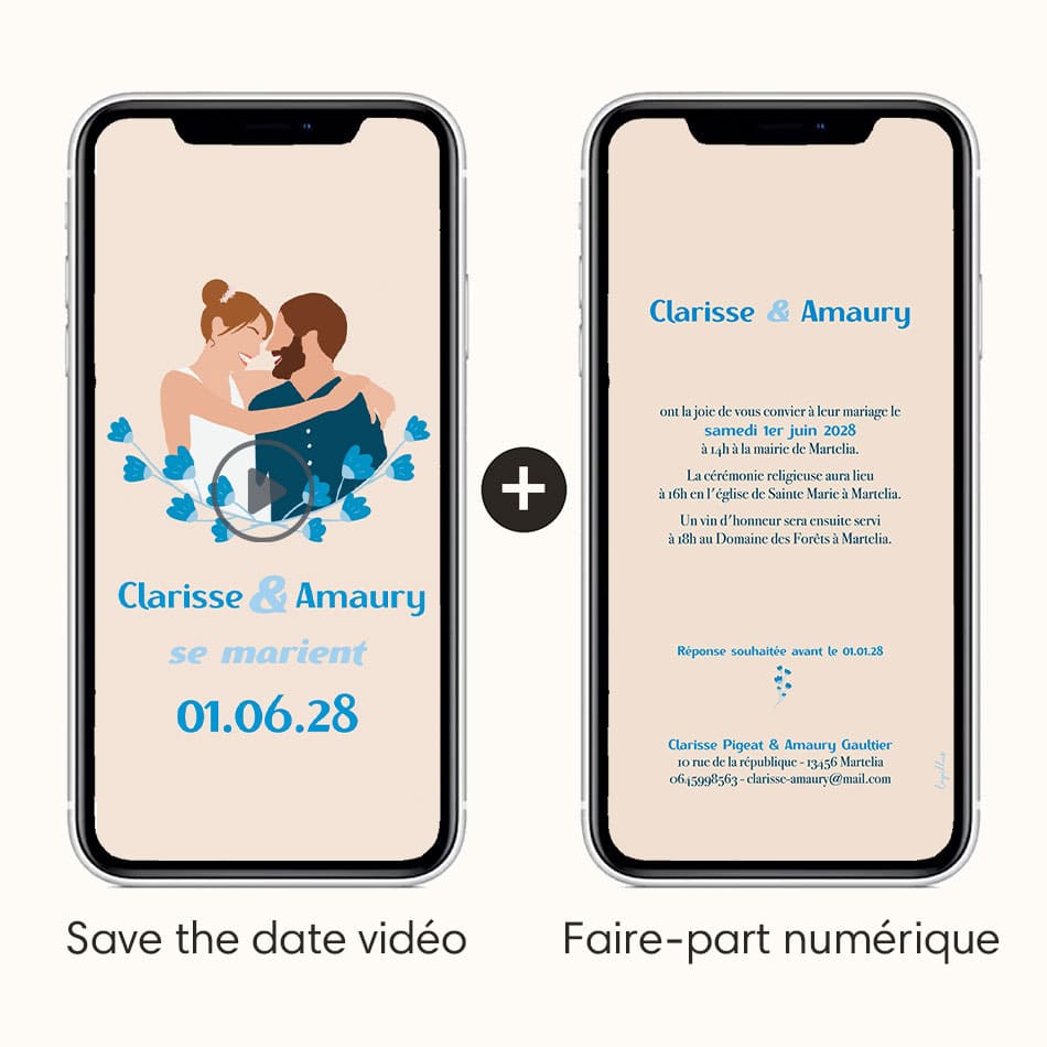 Save the date vidéo avec l'option faire-part numérique le tout thème champêtre bleu avec illustration de votre couple