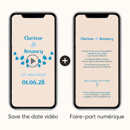 save the date vidéo + faire-part numérique du même thème floral coloris bleu