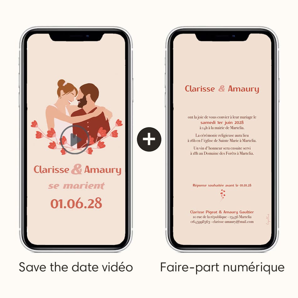 save the date vidéo accompagné du faire-part numérique pour plus de détails, thème mariés en fleurs coloris rouge avec illustration de votre couple