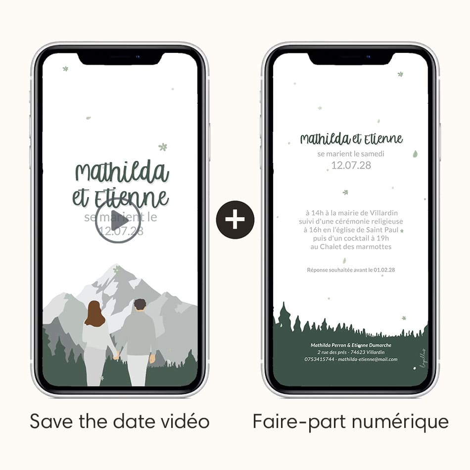 save the date vidéo et faire-part numérique sur le thème de la montagne en été avec illustration de votre couple