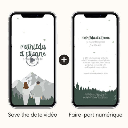 save the date vidéo et faire-part numérique sur le thème de la montagne en été avec illustration de votre couple