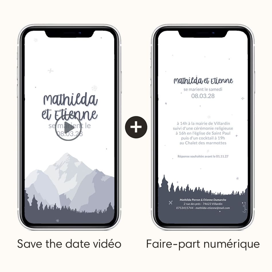 save the date vidéo + faire-part numérique thème montagne hiver