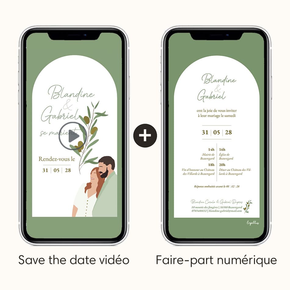 vidéo save the date avec illustration de votre couple sur le thème provençal avec son faire-part numérique assorti