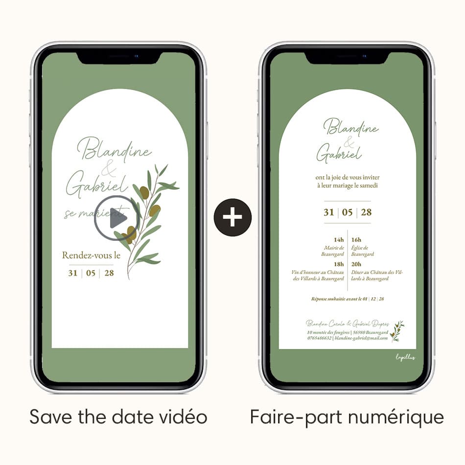 vidéo save the date sur le thème "sous l'olivier" avec le faire-part numérique dans le même thème pour plus de détails