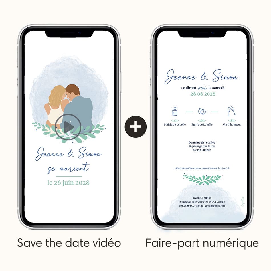 save the date vidéo accompagné du faire-part numérique dans le même thème, le tout avec la personnalisation totale grâce à l'illustration de votre couple