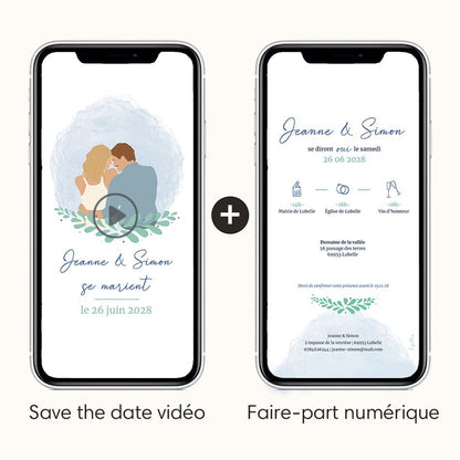 save the date vidéo accompagné du faire-part numérique dans le même thème, le tout avec la personnalisation totale grâce à l'illustration de votre couple