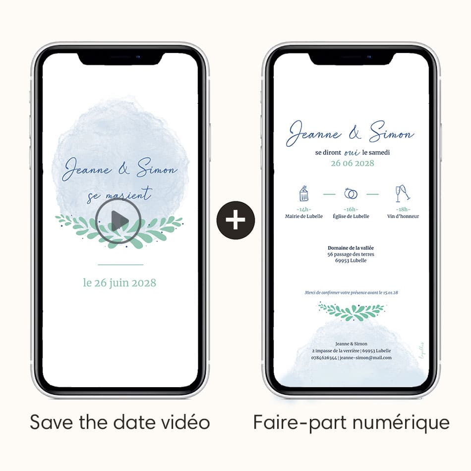 Save the date vidéo accompagnée du faire-part numérique assorti thème "Les romantiques"