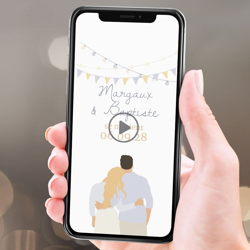 Aperçu de la vidéo save the date pour votre mariage sur le thème Guinguette avec fanions et illustration de votre couple 