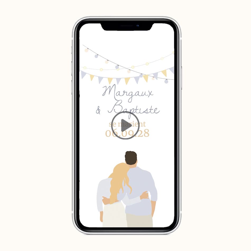 Pause sur la vidéo de Save the date animée pour annoncer la bonne nouvelle de votre mariage, sur le thème de la guinguette avec lumignons et fanions et illustration de votre couple à partir d'une photo