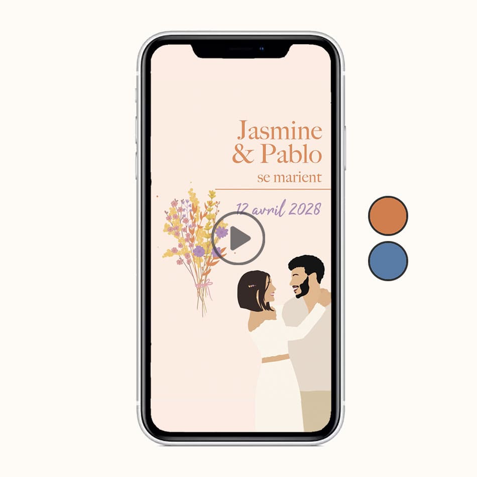 Portable avec la vidéo save the date sur pause pour annoncer votre mariage, thème bouquet orange violet avec illustration de votre couple