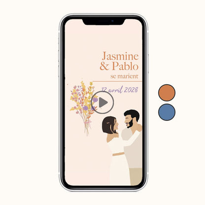 Portable avec la vidéo save the date sur pause pour annoncer votre mariage, thème bouquet orange violet avec illustration de votre couple