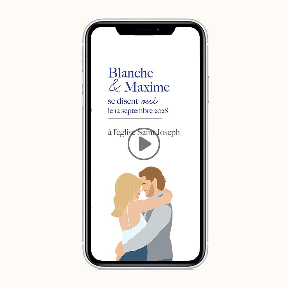 Aperçu de la vidéo d'invitation mariage, un moyen moderne et écologique pour annoncer la grande nouvelle. Le plus : l'illustration de votre couple