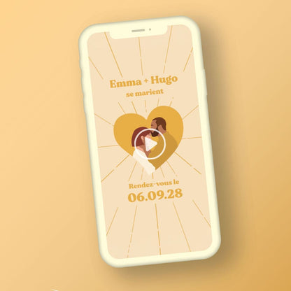 capture écran de la vidéo save the date mariage thème coeur jaune avec illustration du couple au centre