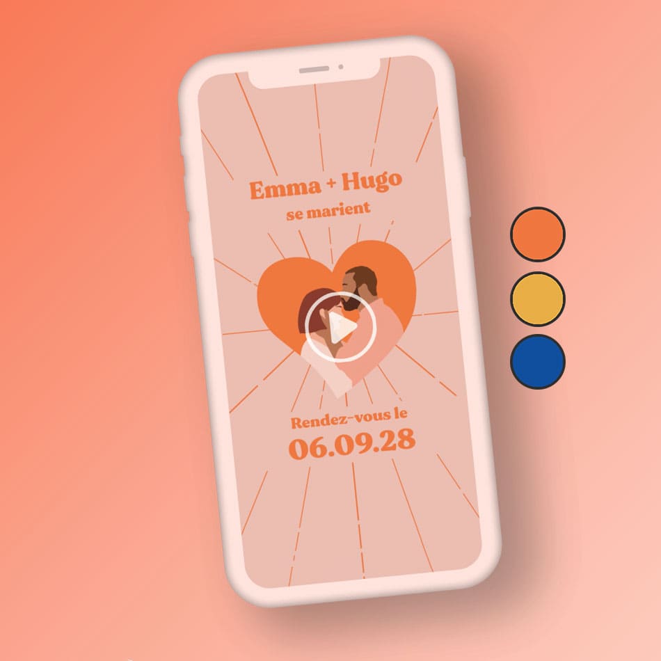 Aperçu du save the date mariage sur le thème coeur coloris orange avec illustration de votre couple