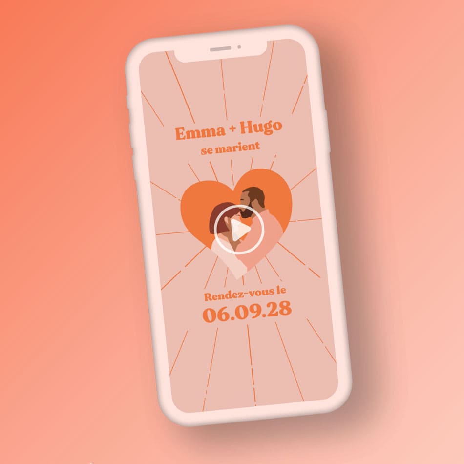 save the date digital pour annoncer les infos principales pour votre mariage, thème coeur orange avec illustration de votre couple